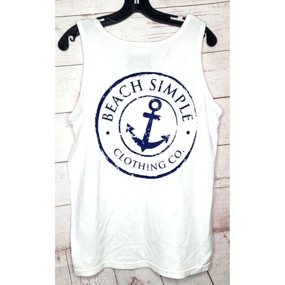 Beach Simple Logo Cotton Blend U.S.A Made Small White Blue Graphics Tank Top - Picture 7 of 8